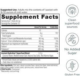 Ancient Nutrition Rapid Hydration Powder - Lemon Lime, Electrolytes from Natural Sea Salts & Red Marine Algae, Supports Rapid Hydration & Cellular Health, 15 Servings