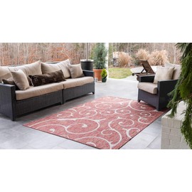 Unique Loom Outdoor Botanical Collection Area Rug - Curl (5' 3" x 8' Rectangle, Rust Red/ Ivory)