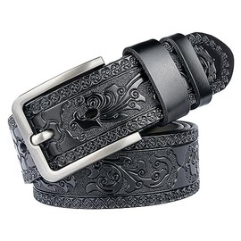 INOGIH Mens Western Floral Engraved Embossed Tooled Genuine Leather Belt - Square Buckle Casual Belt For Daily Decoration (Black, Suit for Waist 38''-41'')