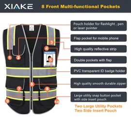 XIAKE 8 Pockets High Visibility Class 2 Reflective Safety Vest for Men & Women with 2 Inch Dual Tone Strips,Black(3X-Large,Black Dual Tone)