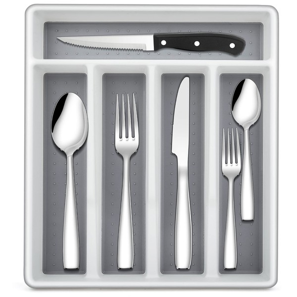 LIANYU 72-Piece 18/10 Anti Rust Silverware Set with Steak Knives and Drawer Organizer, Stainless Steel Flatware Set Service for 12, Cutlery Set Eating Utensils for Home Wedding, Mirror Polished