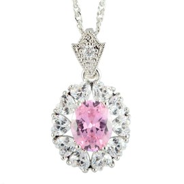 RIZILIA Oval Simulated Pink Sapphire Heart CZ 18K White Gold Plated Slide Pendant Necklace Chain