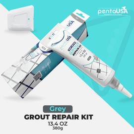 PentaUSA Tile Grout - Large Grout Filler Repairs Renews Tube, Fast Drying Grout Repair Kit, Odorless Formula - Grout Floater Included - 13.4oz / 380gr (Grey)