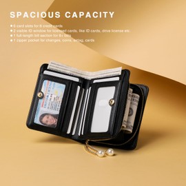 Vulkitty Purses for Women RFID Blocking Leather Bifold Card Wallet Double ID Window Compact Credit Card Holder with Zipper Pocket