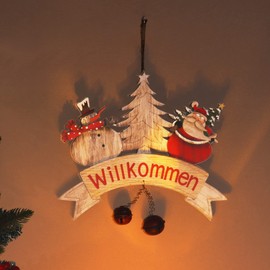 com-four® hanging Christmas decoration, wooden hanger lettering with bell, welcome (Willkommen) door sign made of wood, hanger for doors and windows