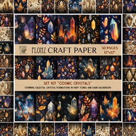 FLONZ - Papel de álbum de recortes (30 páginas, 30 x 30 cm), cristales cósmicos: impresionantes formaciones de cristal celestial en tonos ardientes y fondos oscuros, almohadilla de papel de doble cara