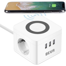 Steckdosenwürfel, BEVA Cube Steckdosenleiste 2 Fach + 3 USB mit Wireless Ladefunktion Mehrfachsteckdose Schutzkontakt Desktop-Ladestation, Handy-Ladegerät für Reise, Haushalt und Büro, Weiß