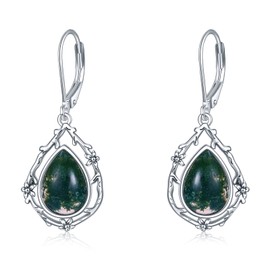 POPLYKE Moss Agate Green Gems Teardrop Drop Dangle Earrings Sterling Silver Leverback Earrings Jewelry