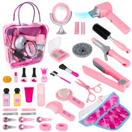 deAO Hair Salon Toys for Girls Beauty Salon Set Kids Pretend Play Makeup Sets with Hairdryer, Mirror, Curling Iron and Stylist Accessories Kids Toddler Fashion Cutting Makeup Toys (Fake Makeup)
