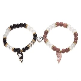 Azusa Sun 2 Pcs Couple Friendship Bracelets for Women Men Kawaii Cute Cartoon Cat Animal Charm Heart Matching Bracelets Colorful Glass Beaded Bracelet Y2k Gifts Jewelry-Black Brown