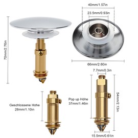 KQDRAVINE Sink Plug Pop Up, Brass Bounce Core Push-Type Drain Plug, Pop Up Plug Sink, Bath Plug for 36-39 mm Drain Holes, Sink Stopper Replacement for Bathroom and Kitchen 66 mm Cap