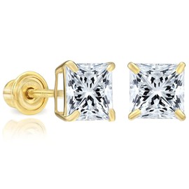 Solid 14k Yellow Gold Solitaire Square Princess-cut CZ Stud Earrings with Secure Screw-backs (5mm)