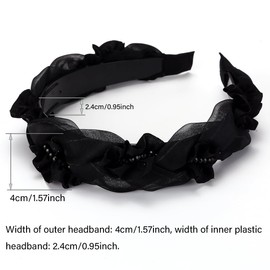 NARUNING 1.5 Inch Wide Solid Color Chiffon Headband with Comb Teeth, Organza Headband, Rhinestone Weaving Craft Fashion Hair Accessories, Suitable for Women and Girls (1-PACK Black, One Size)