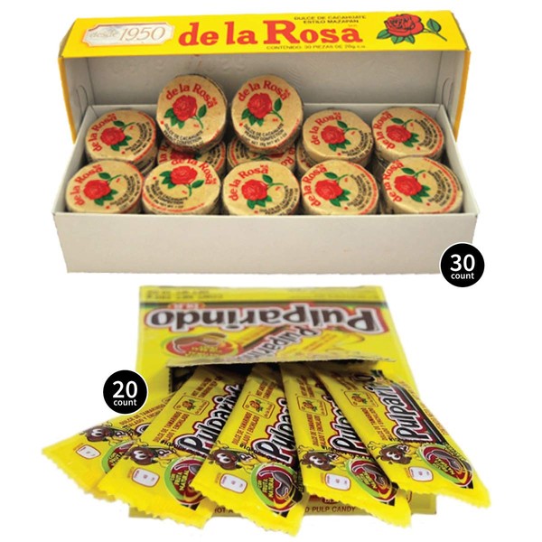 De La Rosa Marzipan Peanut Classic Mexican Candy (30 pieces) and Dulce de Tamarindo Classic Pulparindo (20 pieces)