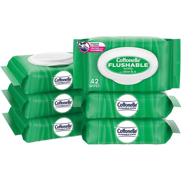 Cottonelle GentlePlus Flushable Wet Wipes with Aloe & Vitamin E - 6 Flip-Top Packs (252 Total Flushable Wipes)