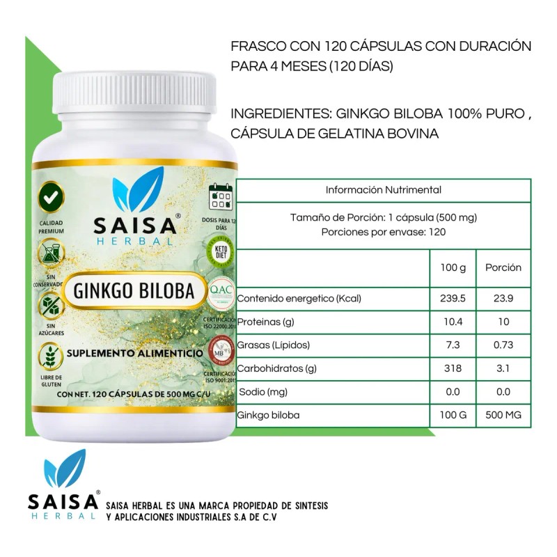Ginkgo Biloba 120 Cápsulas Suplemento Alimenticio 100 Puro Saisa Herbal