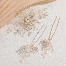 Famihot Hair Accessories, Pearl Comb, U Pins, 5-piece Set, Tree Leaves Flower Motif, Bride, Kanzashi Crystal, Handmade Wedding Headdress Yukata, Kimono, Hair Ornament, Flower, Wedding, Reception