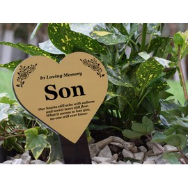OriginDesigned Son Heart Memorial Remembrance Plaque Stake - Metallic Silver/Gold Acrylic, Waterproof, Outdoor, Grave Marker, Tribute, Plant Marker. Shipped Globally. (Gold)