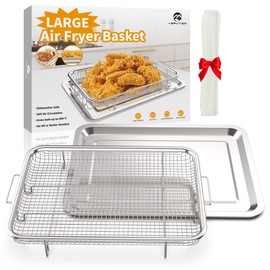 Large Size Air Fryer Basket for Oven, 15.6“ x 11.6“ Air Fryer Tray with 30 PCS Parchment Paper, YEPATER Stainless Steel Air Fryer Pan with Crisper Tray for Baking Fries,Bacon,Chicken
