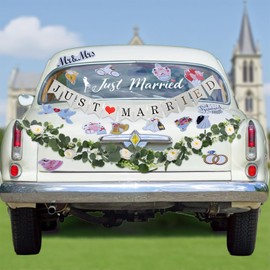 17 Pcs Just Married Car Decorations Set with 14 Wedding Car Magnets Just Married Window Cling Floral Vine Decal Cardstock Sign Banner for Honeymoon Car Decor Bridal Shower Photo Props