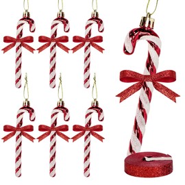 Candy Candy Cane Christmas Decorations,6Pcs Candy Cane Hanging Ornaments with 1 Roll of Glitter Ribbon for Christmas Tree Decoration ﻿ (Red)