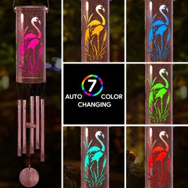 FSVGYY Wind Chimes, Solar Wind Chimes Hanging Lights Outdoor Metal Wind Chimes Memorial Wind Chime for Garden/Patio Decor Gifts for Women, Gifts for Grandma, Gifts for Mom (30" Metal Chimes/Flamingo)