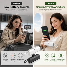 Portable Power Bank with Built-In Cable for Emergency Charging – Compact USB-C Battery Pack for Travel & Daily Use