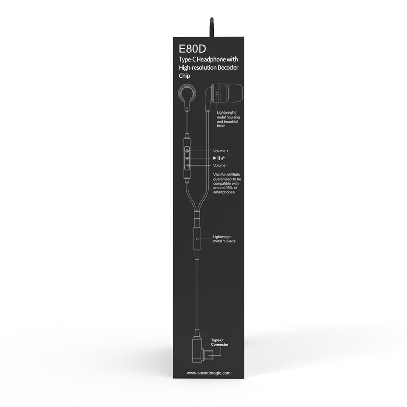 SoundMAGIC E80D USB-C インイヤーステレオヘッドホン、L字型プラグ、インラインコントローラー、メタルハウジング、10mmダイナミックドライバー、防水、防塵、ブラック。