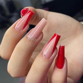MERVF Long Press on Nails Coffin Fake Nails Red French Tip Glue ons Classic Ballerina Acrylic False Nail with Rhinestones Design Glossy 24pcs
