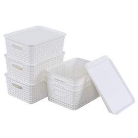 Nesmilers 6-Pack Small Plastic Weave Basket, Stackable Storage Baskets with Lids, White