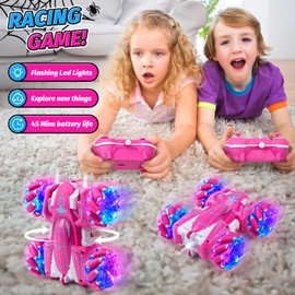 Carro de Control Remoto para Niños, coche de Todoterreno RC 2.4GHz con Luz, Juguete Recargable 4WD de Carreras de Auto de Doble Cara para Niños, Regalo para Niños Cumpleaños Navidad de 3-6 Años (Rosa)