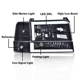 PIT66 LED Headlight Assembly w/Corner Signal Bumper Lamps, Compatible with 1992-1996 Ford F150 Bronco /92-96 Ford F250 F350 HeadLamps Smoke Lens Black Housing Clear Reflector