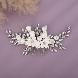 Teyglen Silver Rhinestone Flower Headpiece Crystal Bride Wedding Hair Comb for Wedding Hair Accessories Rhinestone Hair Side Comb Bridal Hair Piece for Women Girls(Silver)