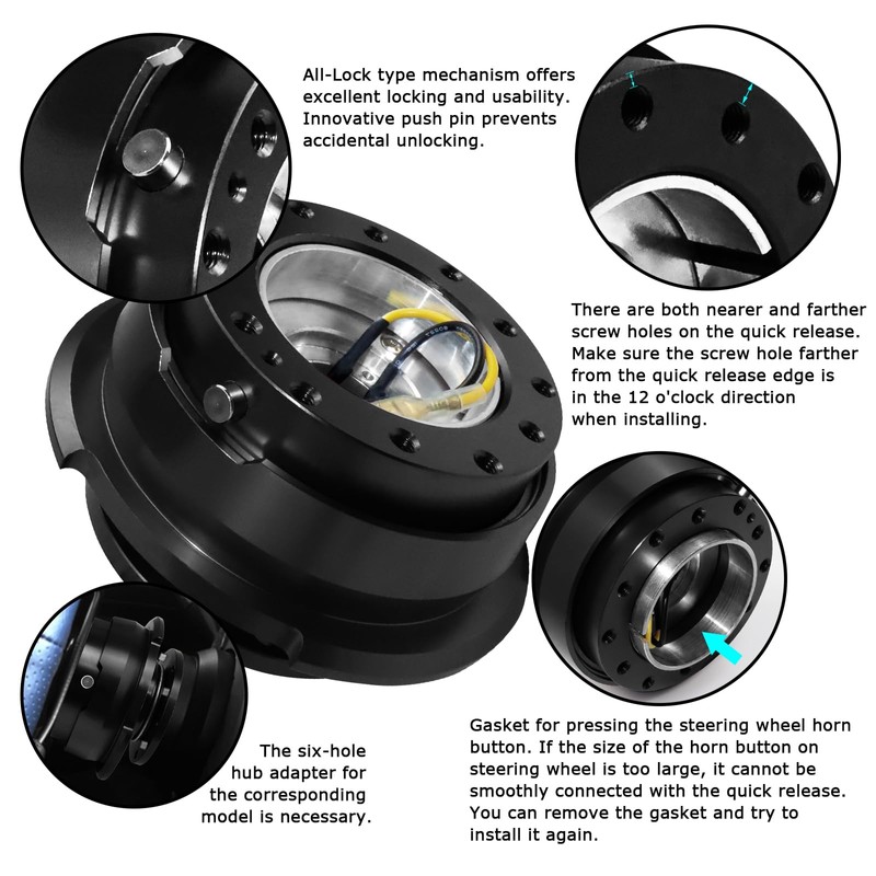 Acclcors Steering Wheel Quick Release Universal 6-Hole Snap Off Boss