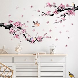 WOHAHA Wall Sticker, Tree, Stylish, Pink, Peach Blossoms, Birds, Flowers and Plants, Ink Painting Style, Wall Sticker, Removable, Waterproof, Wall Decoration, Living Room, Rental, Bedroom, Stylish,