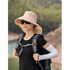 Women Sun Hats UV Protection Wide Brim Foldable Ponytail Hole Beach Hats with Neck Cover for Gardening (Beige)