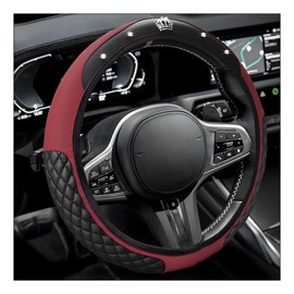 Yourkar Bling Car Steering Wheel Cover, 15 Inch Diamond Crown Leather Auto Steering Wheel Protector, Sparkly Crystal Elastic Stretch Steering Wheel Cover, Car Accessories (Wine Red)