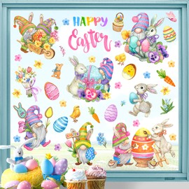 FYSUIMU 9 Sheets Happy Easter Window Cling Stickers Watercolor Gnome Bunny Rabbit Egg Window Decals Reusable Window Decoration for Spring Party Home Classroom