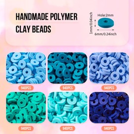 Spritewelry 5640Pcs Polymer Clay Beads Blue Disc Clay Beads Green Flat Round Beads Heishi Beads Hole 2mm for DIY Bracelet Necklace Phone Chain Jewelry Making 6 Colors (Blue)