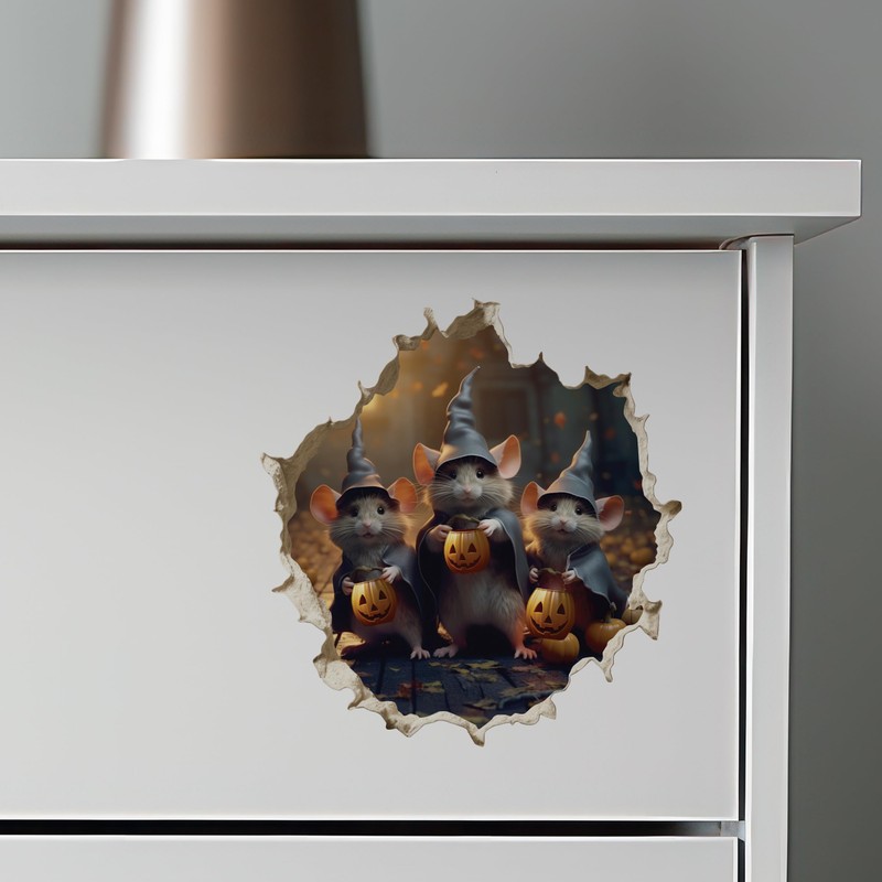 Trick or Treat Witch Mice in Mouse Hole Decal -