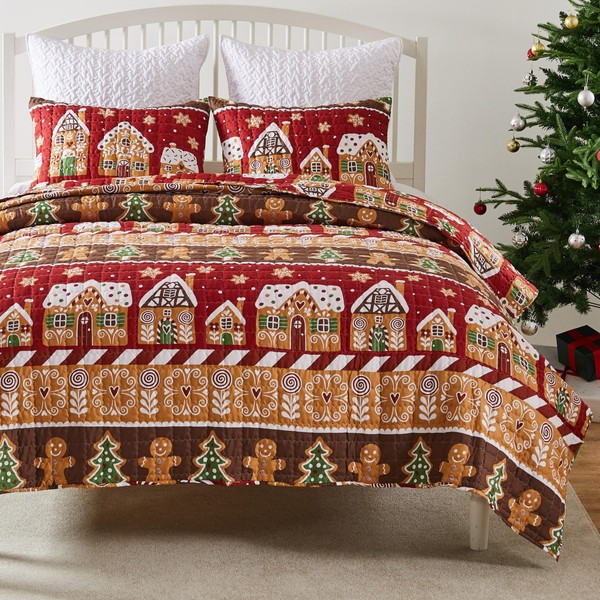 Greenland Home Gingerbread Lane Novelty Holiday Reversible Quilt Set, 2-Piece