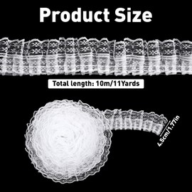 White Lace Ribbon, 2-Layer Pleated Edge White Lace Ruffle Trim for Crafts Sewing DIY, 1.8" x 11yd