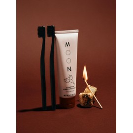 MOON Toothpaste, Toasted Marshmallow Flavor, 4.2 Oz, Plus Soft Bristle Toothbrush 2 Pack, No Fluoride or Sugar, Gentle on Enamel, Gums & Teeth, Whitening Toothpaste for Adults & Children 2 Years+