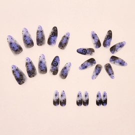 MERVF Almond Press on Nails Medium Fake Nail Purple Black Ink Glue ons Nails Star Design Stiletto Acrylic Gothic Manicure Matte 24pcs