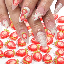 BAIYIYI 50PCS 3D Nail Charms Strawberry Fruit Resin Nail Art Charms Cute Strawberry Design Flatback Slime Resin Charms for Acrylic Nails DIY Craft Accessories