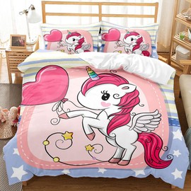 CIUNVXD 3-Piece Children's Pink Cartoon Unicorn Duvet Covers Set, Cute Unicorn, Rainbow Unicorn Duvet Cover for Boys Girls (A, 135 x 200 cm)