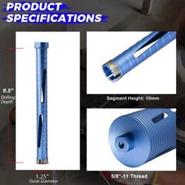 DaduoRi 1 1/4" Dry Core Drill Bit, 5/8"-11 Thread, with 3 Adapters Included: SDS Plus, SDS Max and 1/2" Hex Shank; 9.5" Drill Depth Diamond Core Bits for Concrete, Brick, Block, Stucco and Masonry