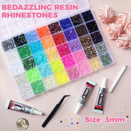 50000Pcs Jelly Rhinestones for Bedazzling 3mm, 40 Colors Resin Bedazzler Kit for Diamond Art & Bedazzle Flatback Nail Gems, Bedazzled Kits with 3Pcs 10ml B7000 Jewelry Glue for Crafting Book