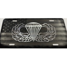 Laser US Flag & Diamond Etched Army Airborne Wings Car Tag Front License Plate