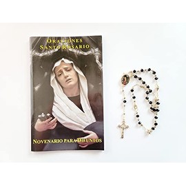 "Oraciones a Santo Rosario Novenario para DIfuntos" Libro de Rezo y Rosario Negro y Dorado de Cristal